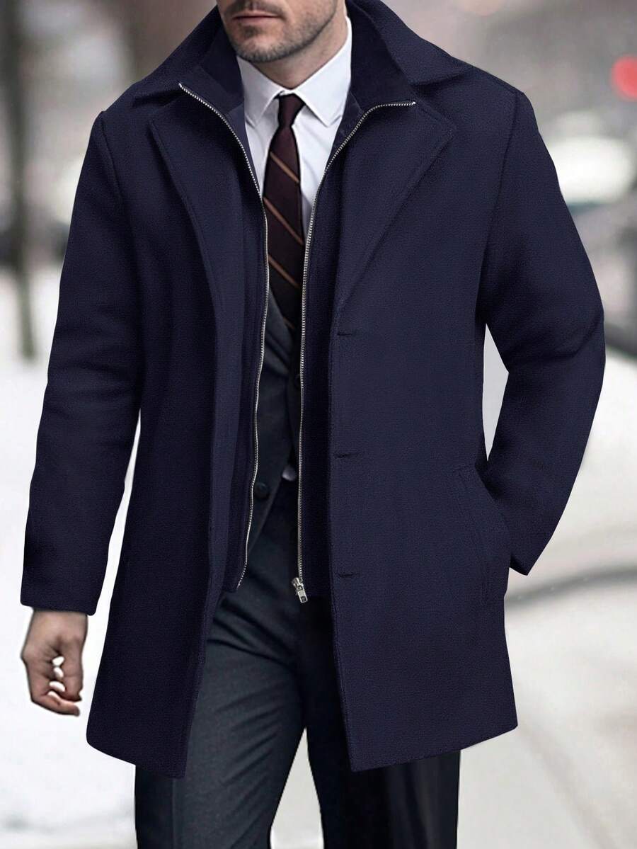 Manfinity Mode 男士时尚冬季拉链纽扣大衣 - 藏蓝色 - 查看 1