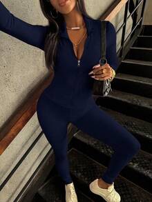 INAWLY Solva 2 件套女士休闲纯色长袖上衣和修身长裤套装，秋季 - 藏蓝色 - 查看 2