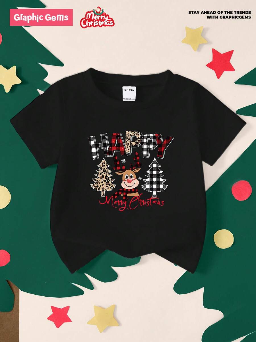 GraphicGems 女孩基本款黑色 T 恤，圣诞树、驯鹿、红黑格子、卡通豹纹、“快乐”图案 T 恤 - 黑色 - 查看 1