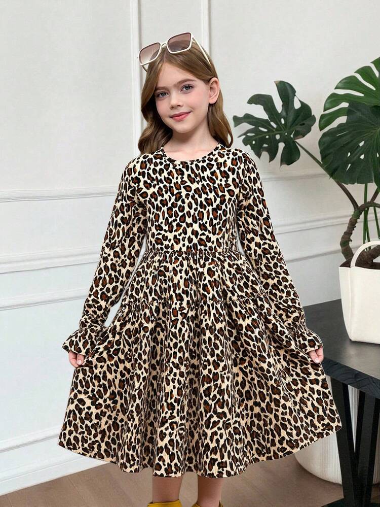 SHEIN Vestidos de outono para meninas adolescentes, de veludo cotelê leopardo, bege escuro, estampa floral empoeirada, manga bufante, gola com babados, para uso diário no outono e inverno, vestidos de inverno para férias, estilo boho - Caqui - Ver 10