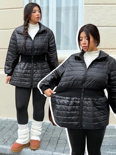 SHEIN EZwear Plus Size Women Black Long Sleeve Zip Front Waist Cinched Thick Winter Jacket,Fall /Autumn/Winter,Christmas,New Year,Thanksgiving,Party,Wedding,Beach,Graduati,Chic,Elegant,Casual,Going Out,Date,Appointment,Commute Oversized,Waist-Cinching Jacket,Comfortable And Warm