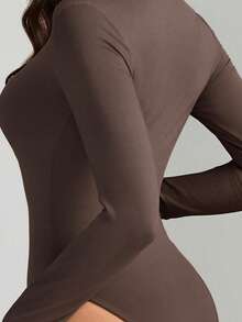 SHEIN Tall Solid Slim Fit Spring Women Bodysuit - Coffee Brown - View 7