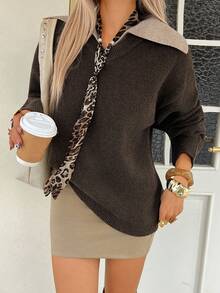 DAZY Women's Casual Colorblock Patchwork 2 In 1 Turtleneck Sweater, Autumn/Winter - Coffee Brown - View 1