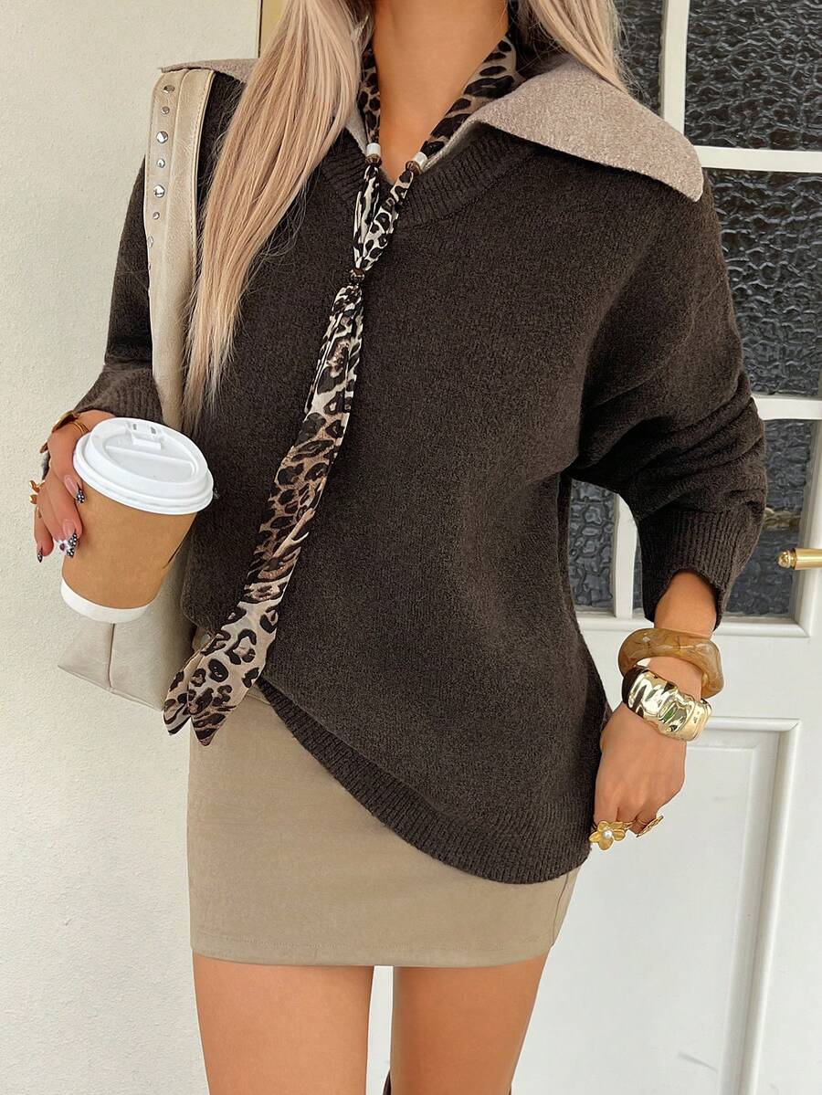 DAZY Women's Casual Colorblock Patchwork 2 In 1 Turtleneck Sweater, Autumn/Winter - Coffee Brown - View 1