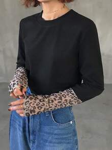 FRIFUL Women's Patchwork Leopard Print Crew Neck Long Sleeve Casual Loose Versatile T-Shirt, Autumn/Winter - Black - View 3
