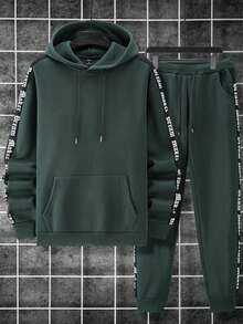 Manfinity Homme 2pcs Men's Casual Fashion Street Hoodie And Sweatpants Set, Letter Tape Kangaroo Pocket Drawstring, Warm Thermal Lined, Autumn/Winter - Dark Grey - View 3