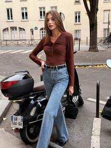 SHEIN PariChic Vintage Chic Coffee Brown Autumn Casual Everyday Textured V-Neck Single-Row Button Ruched Slim-Fit Long-Sleeve Knitted Cardigan T-Shirt Retro Blouse - Brown - View 5