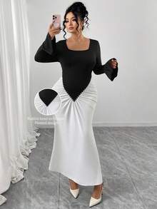 Modelyn Plus Size Women's Vintage Elegant Color Block Ruched Puff Sleeve Turtleneck Bodycon Dress