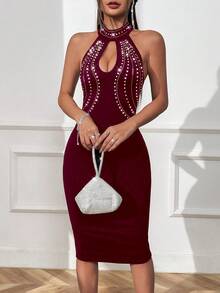 Zolique Đầm suông cổ đứng, không tay, khoét sâu, lấp lánh, thanh lịch - Màu Đỏ Sâu - Xem 4