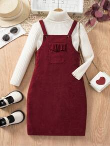 Emery Rose Kids 少女圣诞可爱酒红色灯芯绒背带裙 - 紅色 - 查看 11