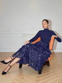 Rafferiza 女式高领罗纹拼接花卉网眼优雅长袖连衣裙长款女装 - 藏蓝色 - 查看 6