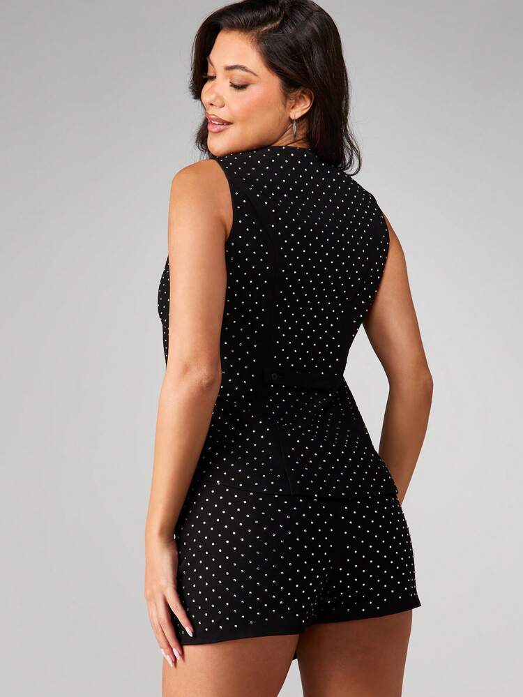 MISSGUIDED Hot Fix Embellished Polka Dot Sleeveless V Neck Waistcoat Vest Top With Button Front Closure