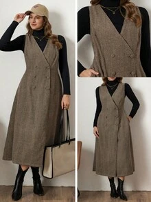 Zelara Jachetă midi kaki fără mâneci, cu talie elastică, toamnă/iarnă - cafea maro - Vizualizare 2