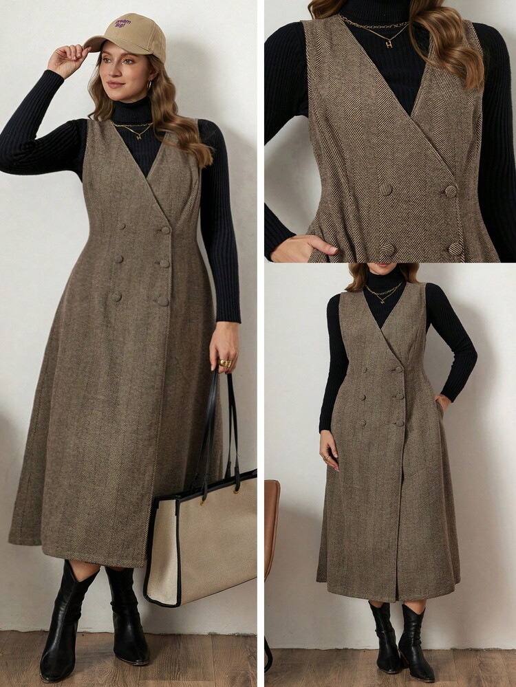 Zelara Autumn/Winter Ribbed Khaki Sleeveless Midi Jacket With Waist Cincher Winter Clothes Winter Dresses For Women Cozy Fall And Winter Clothes For Women Maija Fall Winter 2025 Women Maija New Year Dress New Year Dress Brown Dress - Coffee Brown - View 2