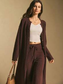 Poéselle 女士休闲纯色开衫和针织裤两件套，秋冬 - 棕色 - 查看 1