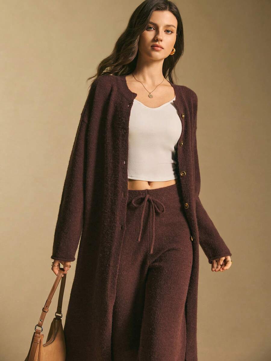 Poéselle 女士休闲纯色开衫和针织裤两件套，秋冬 - 棕色 - 查看 1