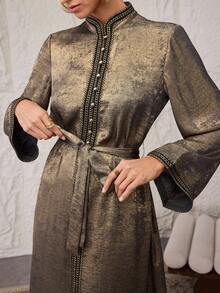 Al Najma 女士优雅系腰立领长袖阿拉伯连衣裙 - 金色 - 查看 8