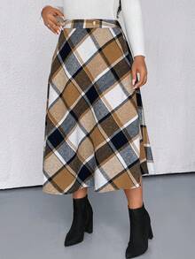 SHEIN Plus Size Women Autumn/Winter A-Line Mid-Length Skirt, Earthy Tone Brushed-Like Metallic Button Plaid Pattern - Brown - View 3