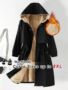 SHEIN CURVE+ 大码女式休闲拉链连帽抽绳腰长袖羊毛夹克，保暖，2025 年新款，舒适防风 - 彩色 - 查看 1