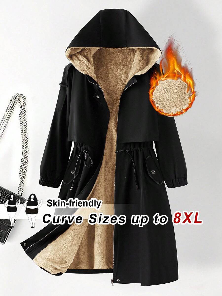 SHEIN CURVE+ 大码女式休闲拉链连帽抽绳腰长袖羊毛夹克,保暖,2025 年新款,舒适防风 - 彩色 - 查看 1