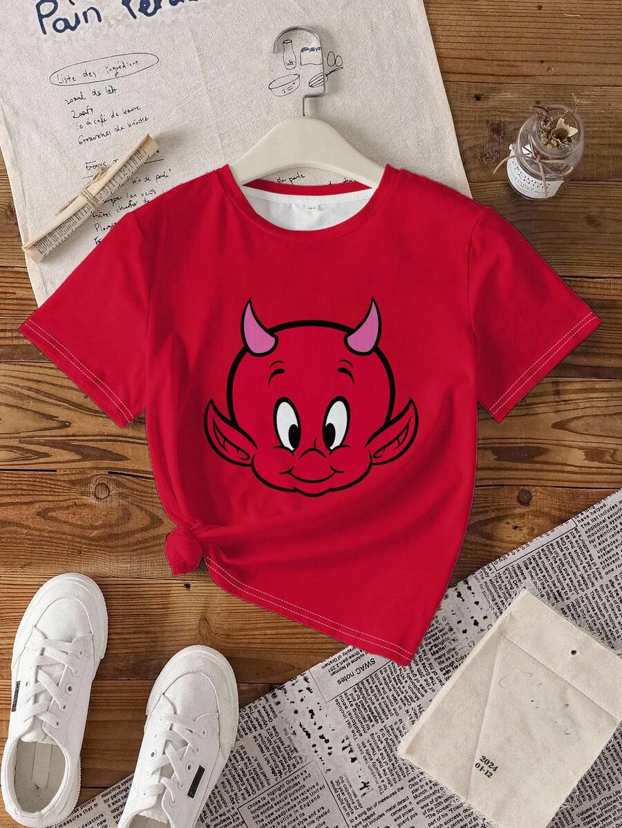 SHEIN HOT STUFF Tween Girls' Casual Cartoon Devil Print Round Neck Short Sleeve T-Shirt, Summer - White - View 1