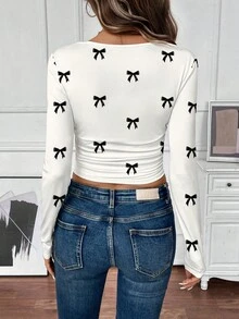 SHEIN LUNE 休闲复古通勤百搭保暖印花图案T恤，黑白领结印花，舒适保暖，女士长袖T恤，适合秋冬季作为内搭穿着。 - 彩色 - 查看 4