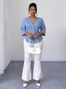 Maweii 大码女式纯色通勤简约V领短袖优雅开衫休闲衬衫 - 藍色 - 查看 6