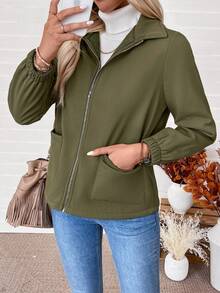 EMERY ROSE Chaqueta de forro polar con cremallera, de manga raglán y unicolor, para mantener el calor - Verde militar - Ver 4