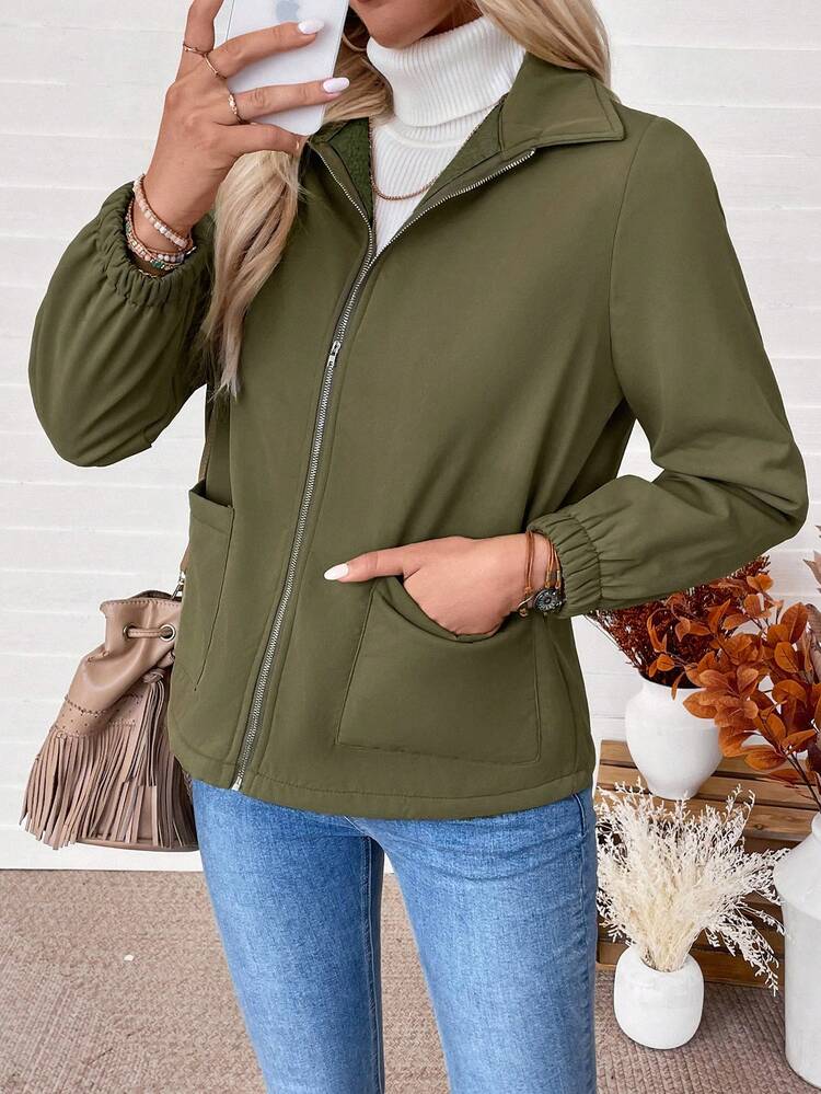 EMERY ROSE Solid Color Raglan Long Sleeve Warm Zip-Up Fleece Jacket - Army Green - View 4