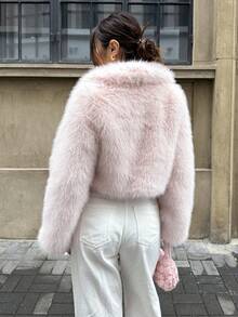 Flirla 1件女士奢华优雅仿毛皮内衬外套，酒红色 - 淺粉色 - 查看 2