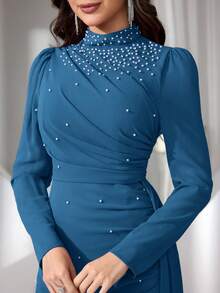 Coutiva 女士立领仿珍珠装饰长款晚礼服 - 霧霾藍 - 查看 7