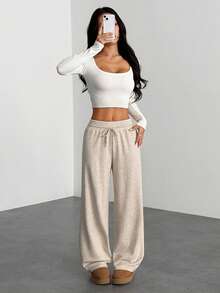 SHEIN PETITE Quần dài thường ngày rút dây màu trơn dành cho nữ, tối giản và thời trang để mặc hàng ngày, tốt nghiệp, trở lại trường, tốt nghiệp, trang phục giáo viên dành cho phụ nữ, trở lại trường - Màu be - Xem 3