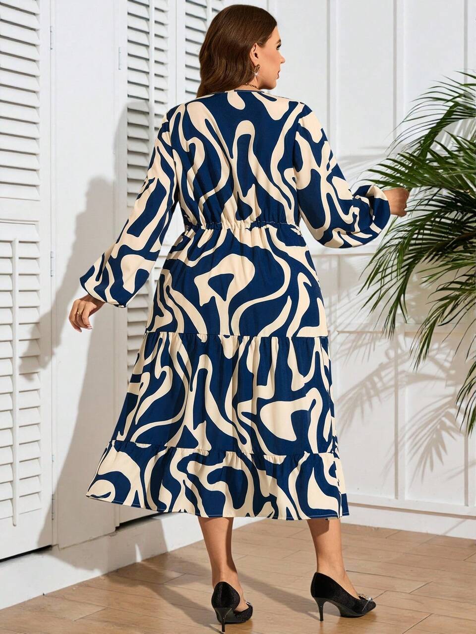 Plus Size V-Neck Long Sleeve Dress,Drawstring Waist Curve Elegant Party Dress,Beige,Autumn,Boho,Vacation,Holiday,Modest Winter