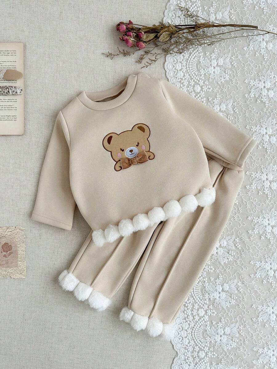 SHEIN 2 件套女婴秋冬装套装,返校,3 个月 - 3 岁,杏色休闲可爱熊刺绣 3D 装饰蝴蝶结拼接蓬松圆领长袖上衣和松紧腰运动裤,柔软时尚,适合外出和居家,可作为礼物 - 彩色 - 查看 1