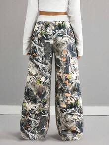 SHEIN Tween Girl Grey Camo Jeans Tree Branch Print Oversized Elastic Waist Soft Pants,Summer Streetwear School Back-To-School Fashion Vintage Casual - Multicolor - View 2