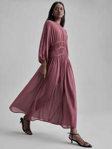 Ontre 2026春夏女士超长连衣裙，粉色连衣裙，情人节穿搭，度假风，简约韩式设计，酒红色，柔软雪纺面料，编织绳装饰，女士长裙，圆领，休闲度假风，韩式通勤风，日常穿着，春夏款 - 酒紅色 - 查看 1