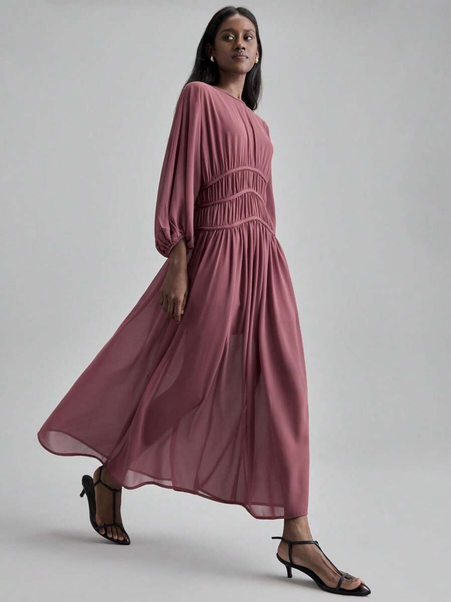 Ontre 2026春夏女士超长连衣裙，粉色连衣裙，情人节穿搭，度假风，简约韩式设计，酒红色，柔软雪纺面料，编织绳装饰，女士长裙，圆领，休闲度假风，韩式通勤风，日常穿着，春夏款 - 酒紅色 - 查看 1