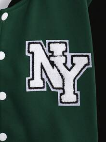 SHEIN 男童秋冬抓绒连帽外套，字母印花，校园风外套，运动外套