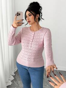 Dazy Plus Valentine Elastic Fitted Jacquard Half-Placket Pink Pullover Sweater, Spring/Autumn - Pink - View 7