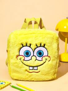 SpongeBob SquarePants | SHEIN 1 Mochila de peluche con bordado de dibujos animados, correa ajustable, bolsa de fitness, bolsa casual, mochila de lona, bolsa escolar, bolsa de viaje, para niñas, para niños, para adolescentes, para mujeres, para hombres, ideas de regalo - Amarillo - Ver 2