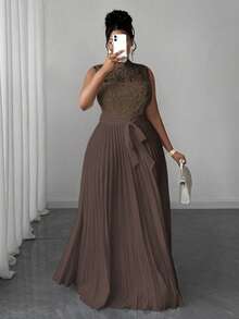 Maweii Plus Size Women Stand Collar Sleeveless Pleated Lace Ruched Waist Dress - Brown - View 3