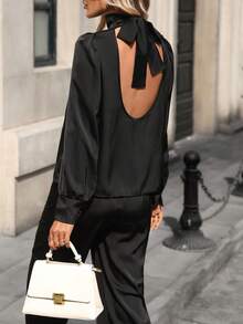 Franclia Women's Satin Texture Long Sleeve Set: Elegant Satin Backless Tie Design Long Sleeve Top And Wide Leg Straight Pants, Chic And Versatile Commuter Suit, Autumn Luxurious Minimalist Black Long Sleeve Two Pieces Set, Graceful Mature Style, Early Autumn Blouse And Pants Set - Black - View 8