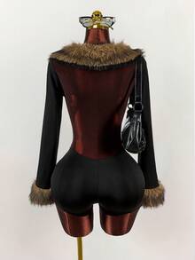 Amplova 女士网眼拼接透视紧身衣，性感毛茸茸拼接长袖，适合日常穿着，约会，新年，纯色拼接皮草时尚服装，秋冬 - 黑色 - 查看 2