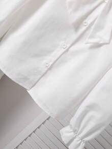 SHEIN Elladie kids 女童珍珠装饰肩部可拆卸蝴蝶结上衣，宽松版型，活力风格，舒适面料，适合搭配背带裙叠穿或单穿，春秋季 - 白色 - 查看 5