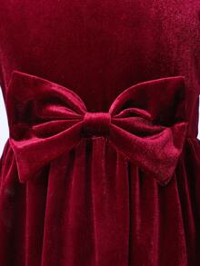 Glamorique Kids 幼儿酒红色天鹅绒珍珠装饰大蝴蝶结喇叭袖连衣裙，甜美优雅，适合圣诞派对和新年穿着 - 酒紅色 - 查看 4