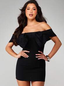 MISSGUIDED 露肩蕾丝蝴蝶结装饰修身迷你连衣裙晚宴派对 - 黑色 - 查看 1