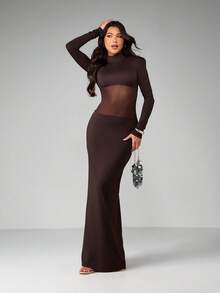 MISSGUIDED Women's Mesh Panel High Neck Long Sleeve Bodycon Maxi Evening Dress With Sheer Waist Detail