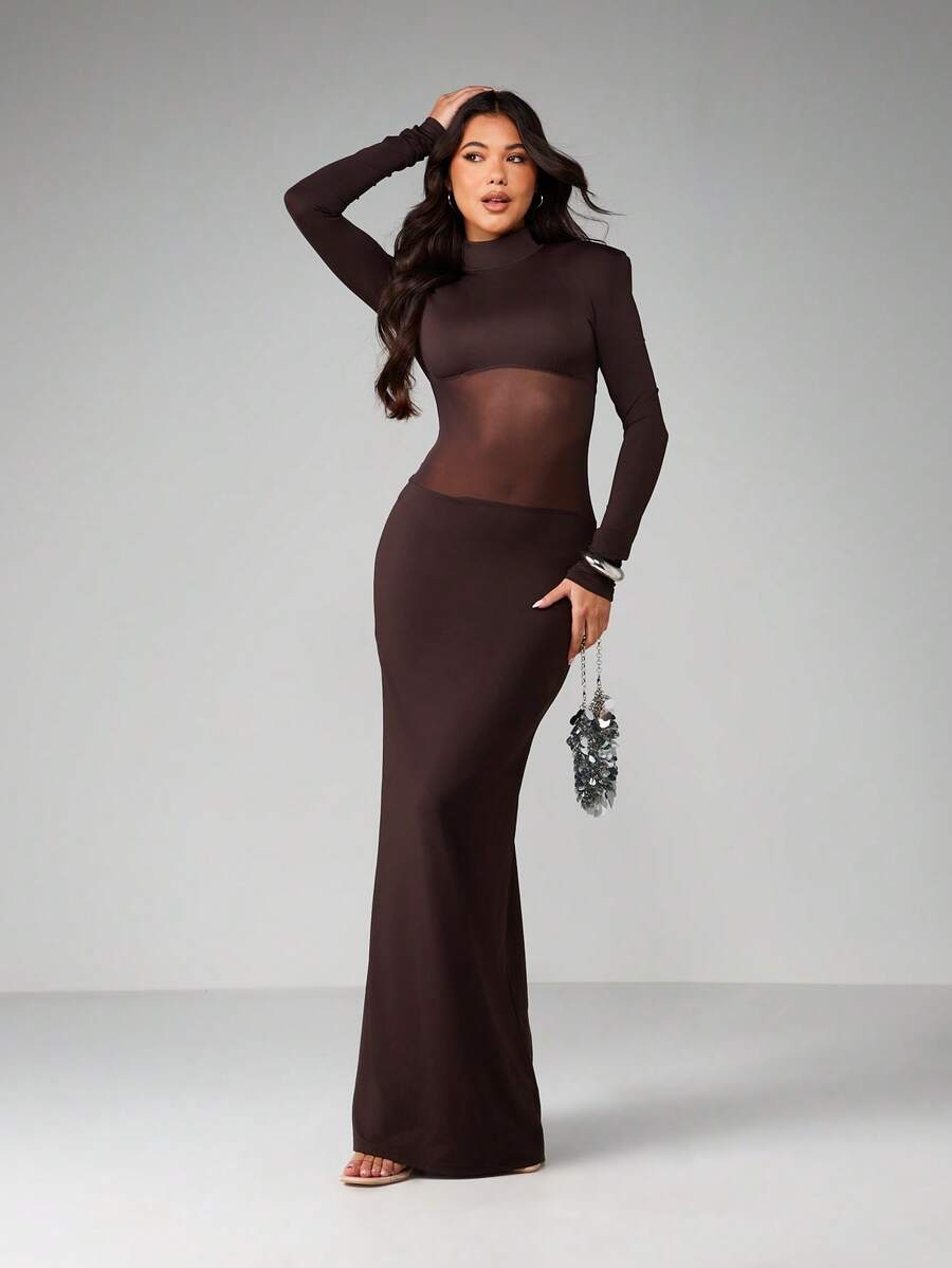 MISSGUIDED Women's Mesh Panel High Neck Long Sleeve Bodycon Maxi Evening Dress With Sheer Waist Detail