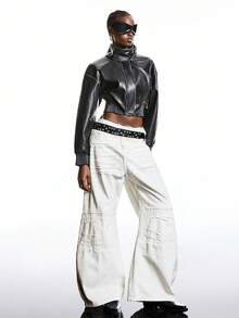 LYSMO Jaqueta de Couro PU de Manga Longa com Gola Alta e Zíper, Moda Cor Sólida para Mulheres