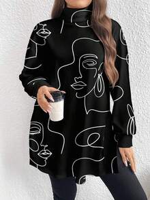 EMERY ROSE Women's Plus Size Casual Portrait Graphic Print Long Sleeve Turtleneck Tunic T-Shirt, Suitable For Teacher's Day And Back To School Season, Spring/Autumn Women Long Sleeve Dress Oversized Graphic Tshirt Graphic Tees Women Oversized Oversized Sweatshirt Woman Black Graphic Shirt Women Long Sleeve Top,Flower/Summer/Vacation - Multicolor - View 1